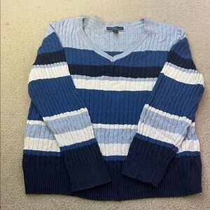 Karen Scott V-Neck Sweater in Blue and White Stripes, Size XL